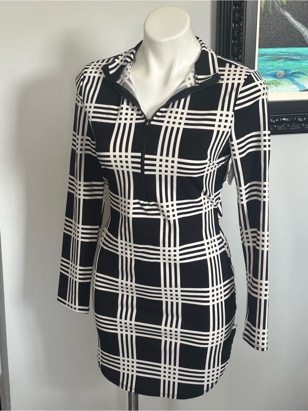 Club Monaco Black and White Plaid Long-Sleeve Zip Dress Criss-Cross Back